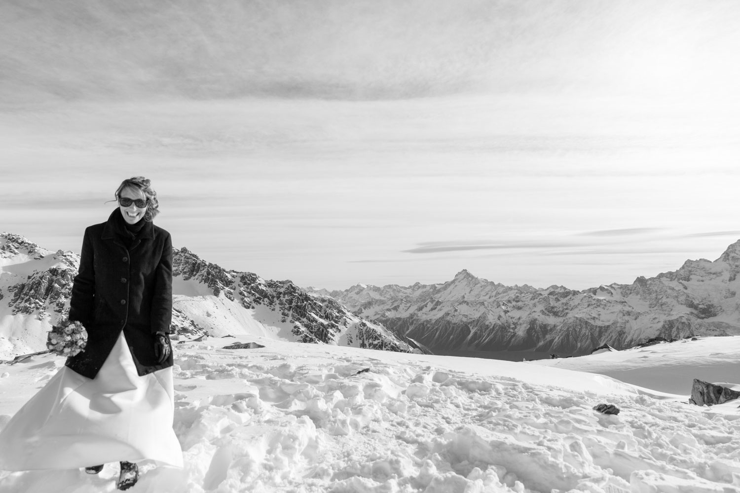 mount cook wedding bride and snow