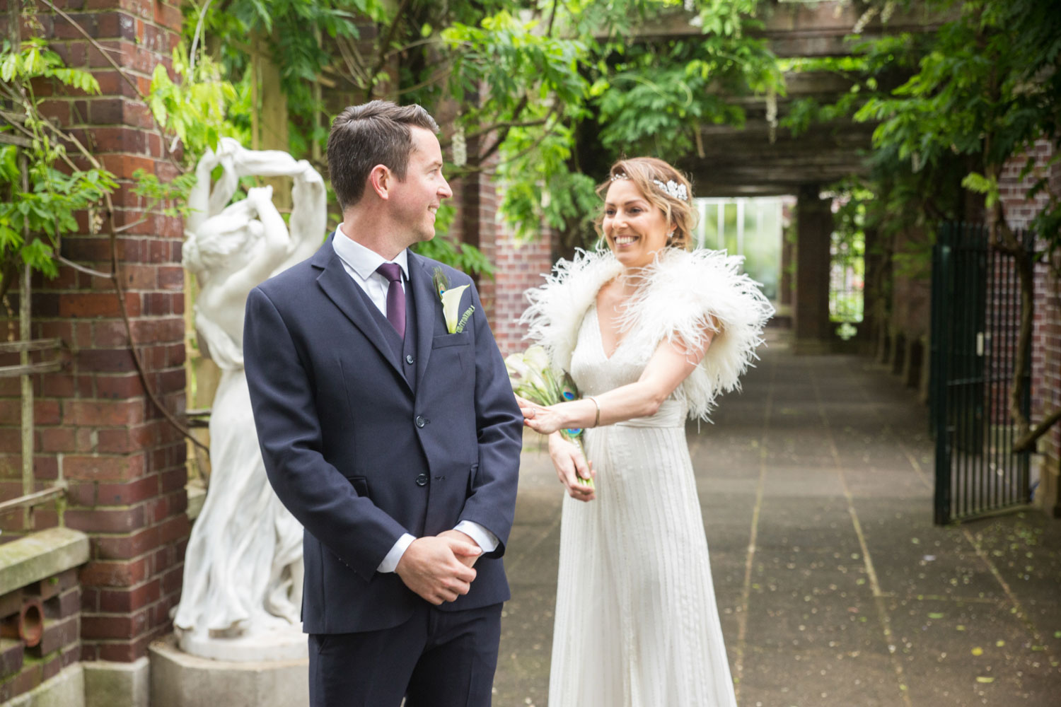 bride and groom first look winter gardens