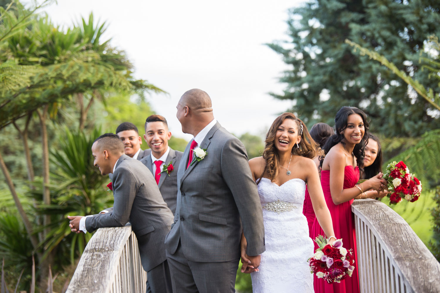 auckland wedding groom and bridal party having a laugh