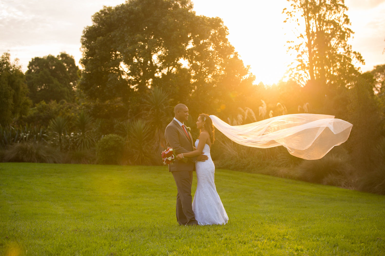 auckland botanic gardens wedding veil toss photo sunset