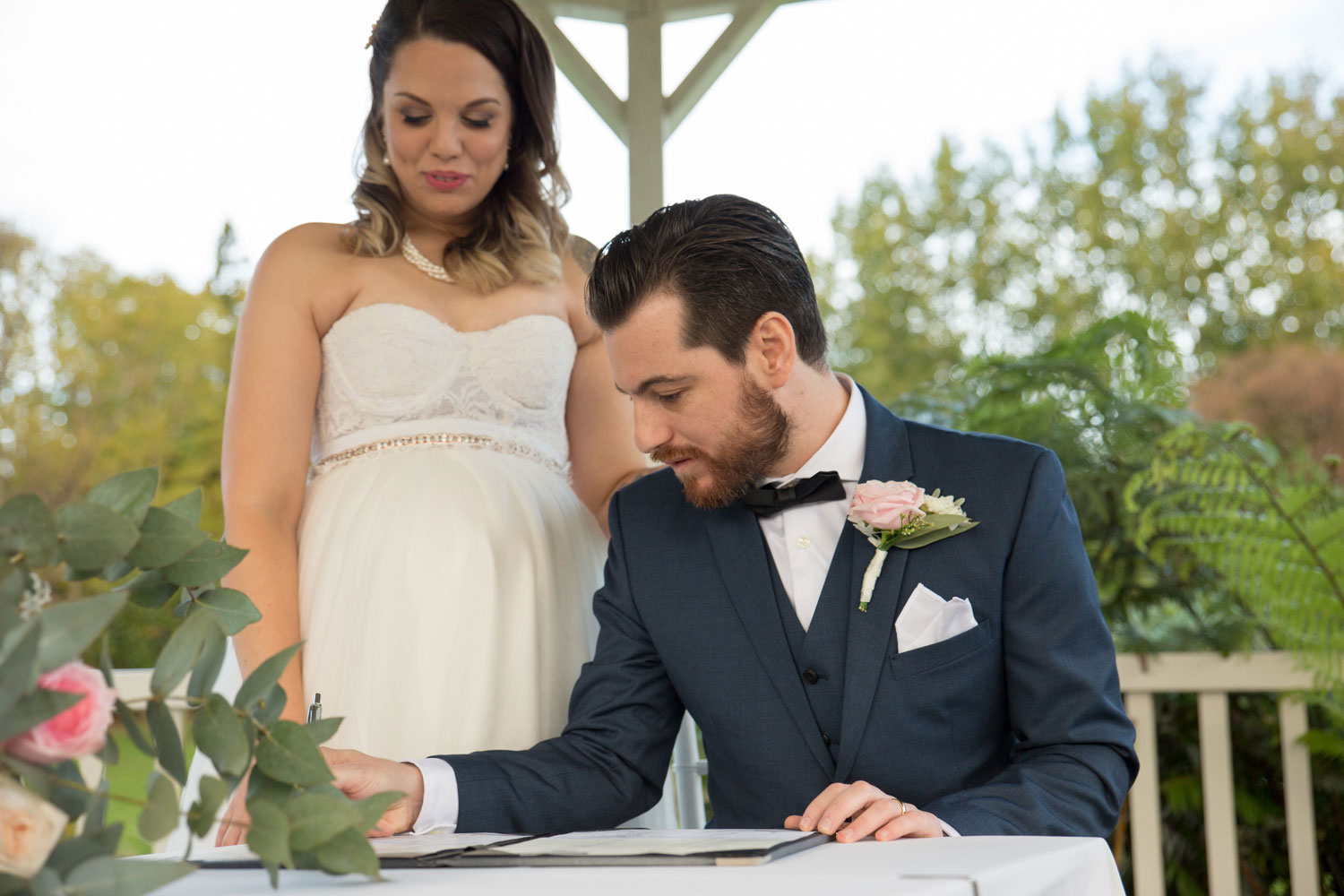 couple signing papers ceremony