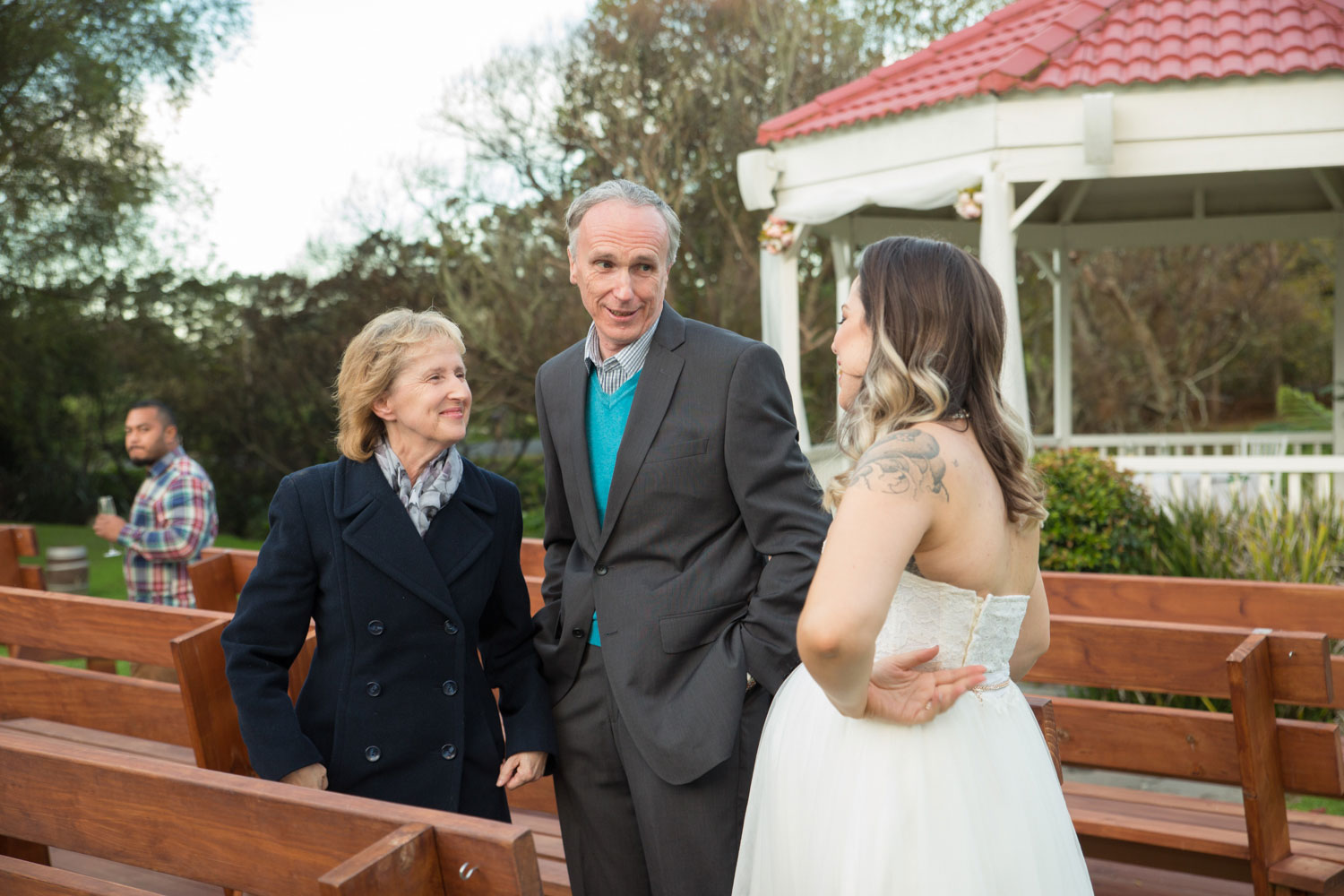 bride and guests talking