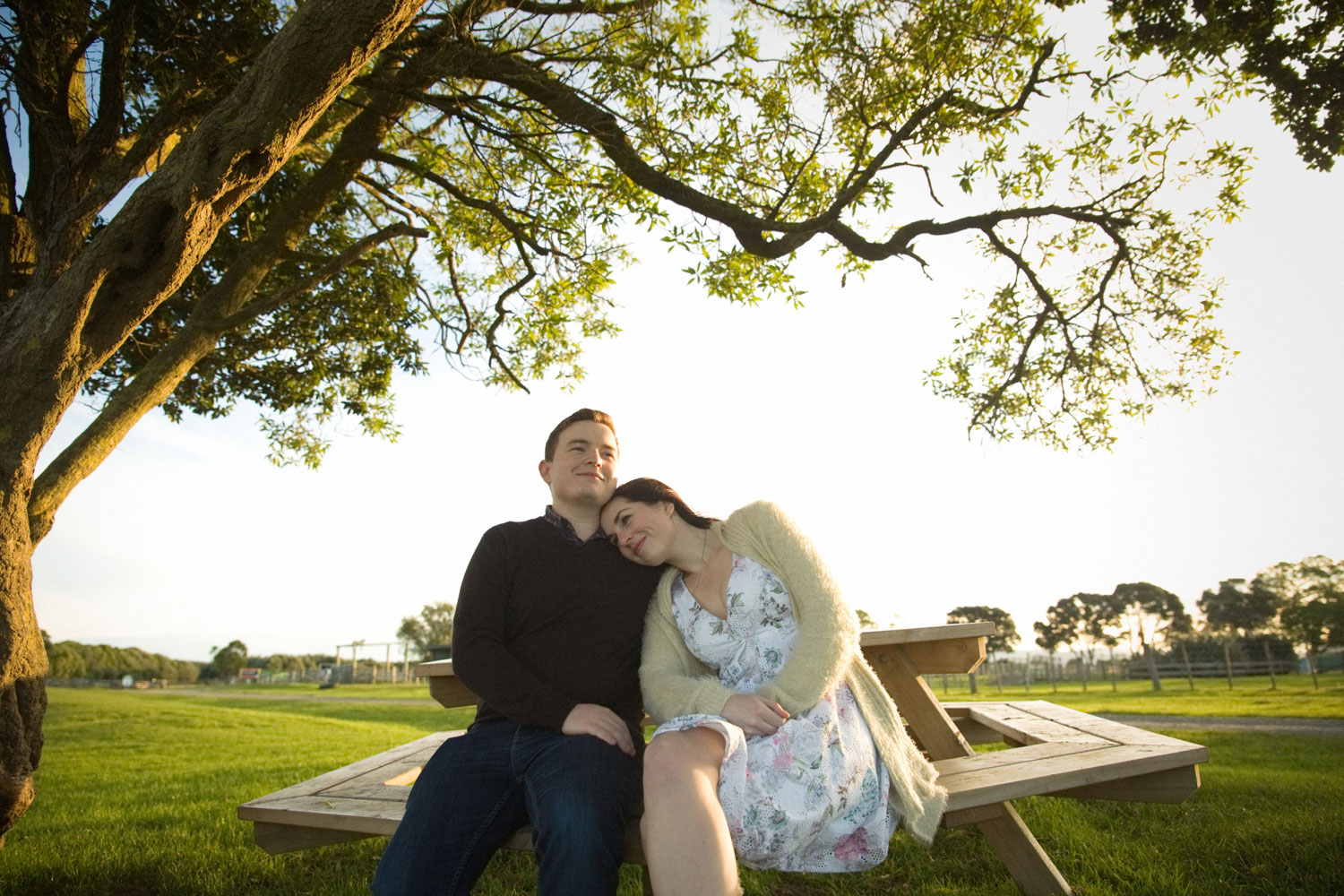 auckland engagement shoot couple sitting under tree