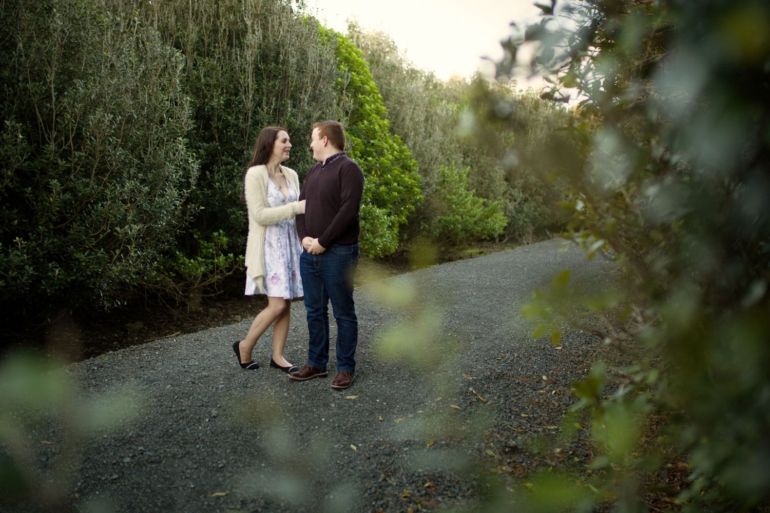 auckland engagement shoot couple chatting behind bushes