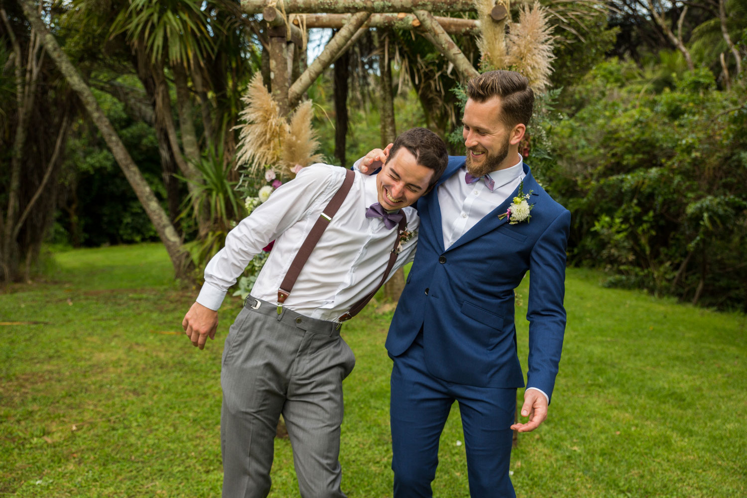 auckland wedding groom and best man having fun