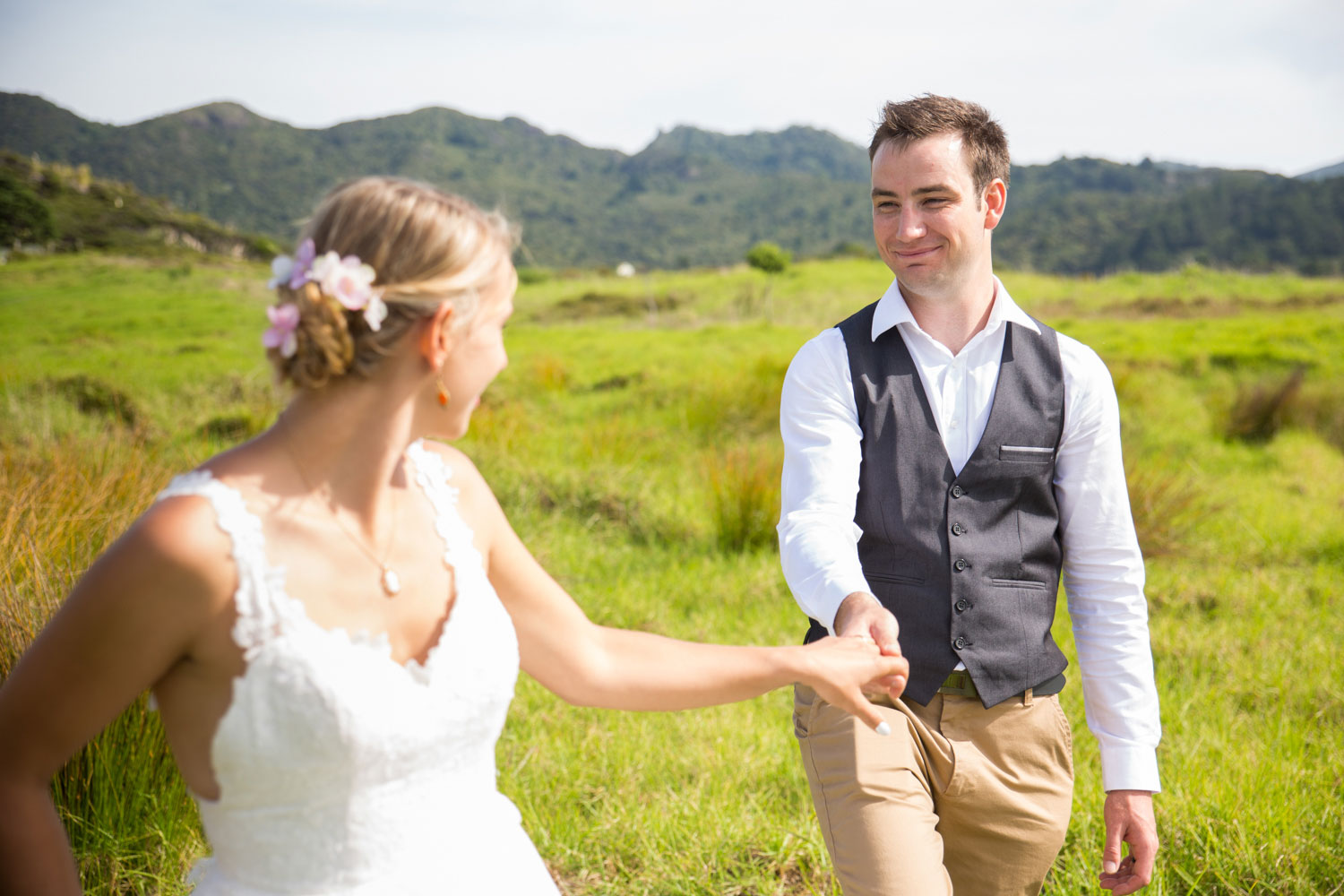 new zealand wedding groom looking at bride