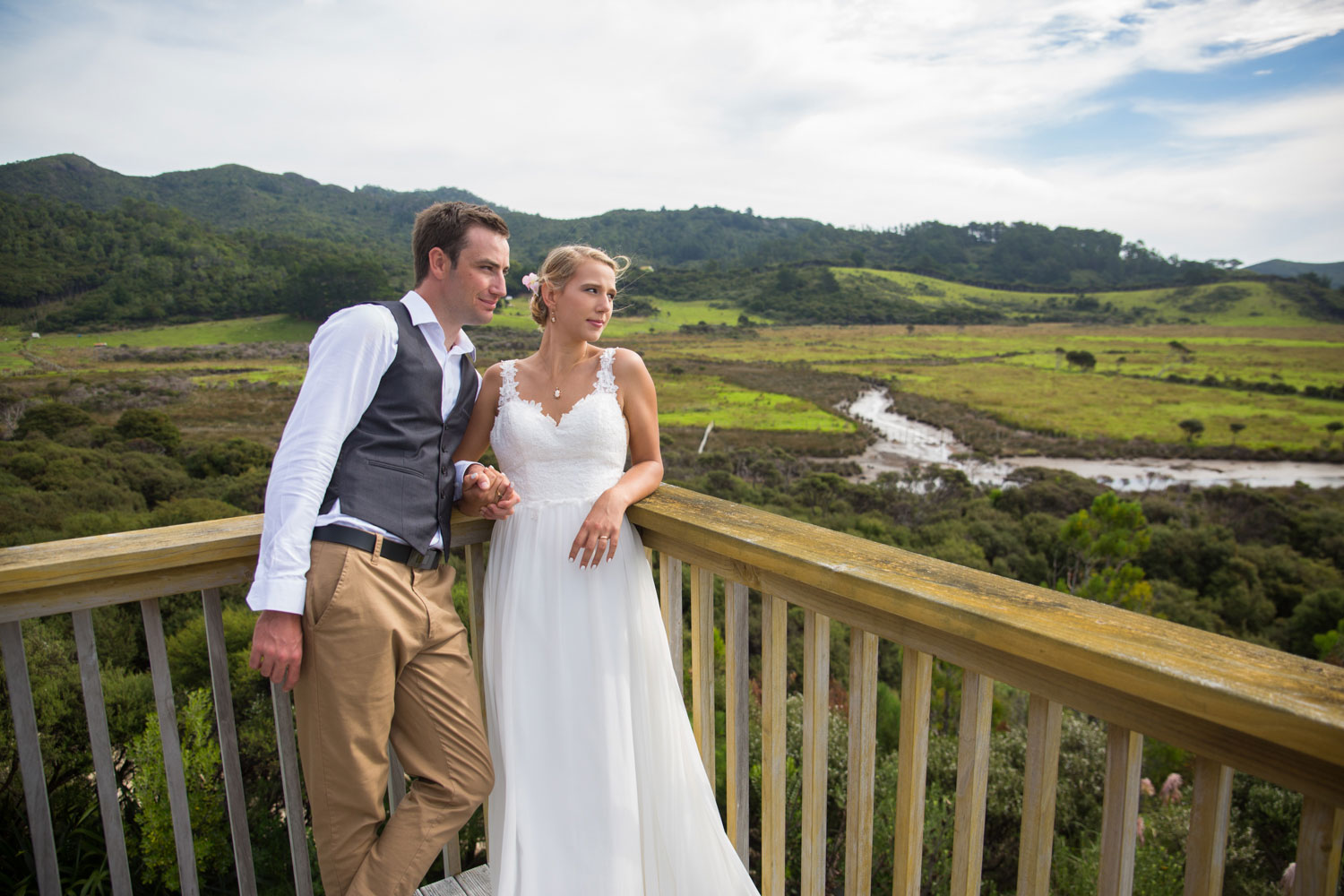 new zealand wedding bride and groom looking away