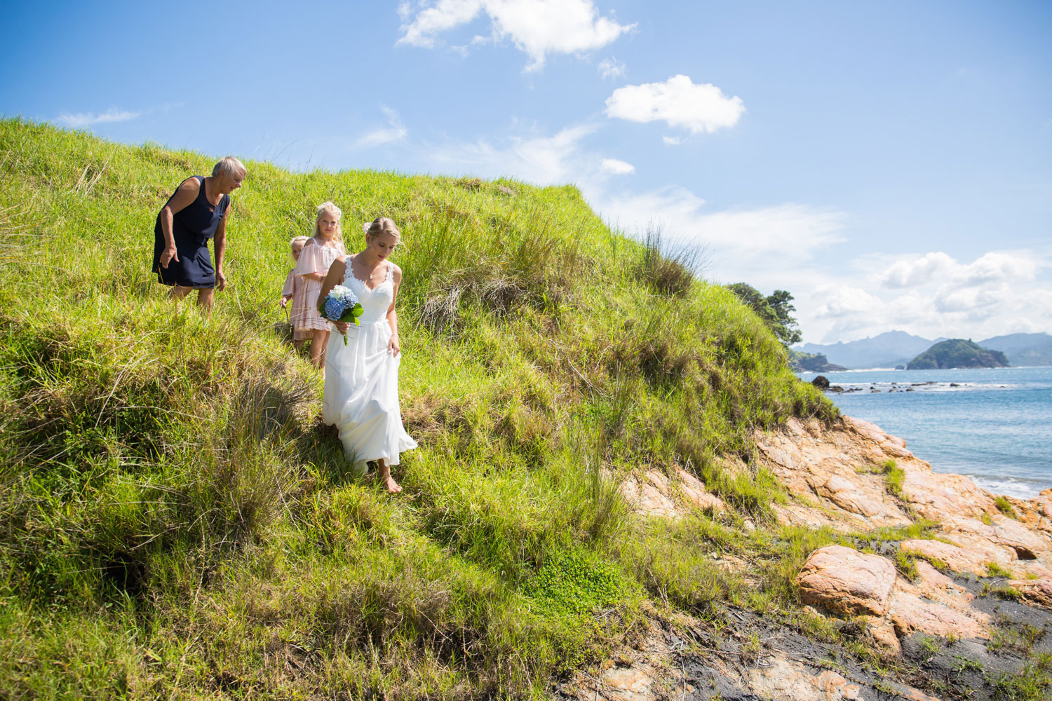 great barrier island bride walking down