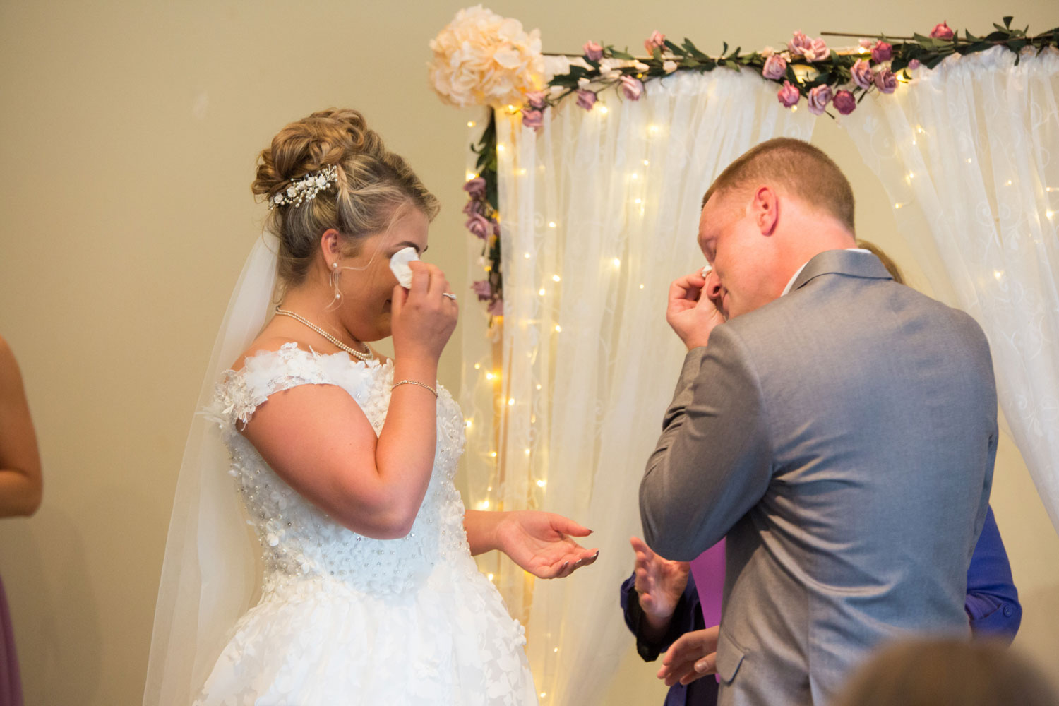 hamilton wedding bride and groom both tearing up