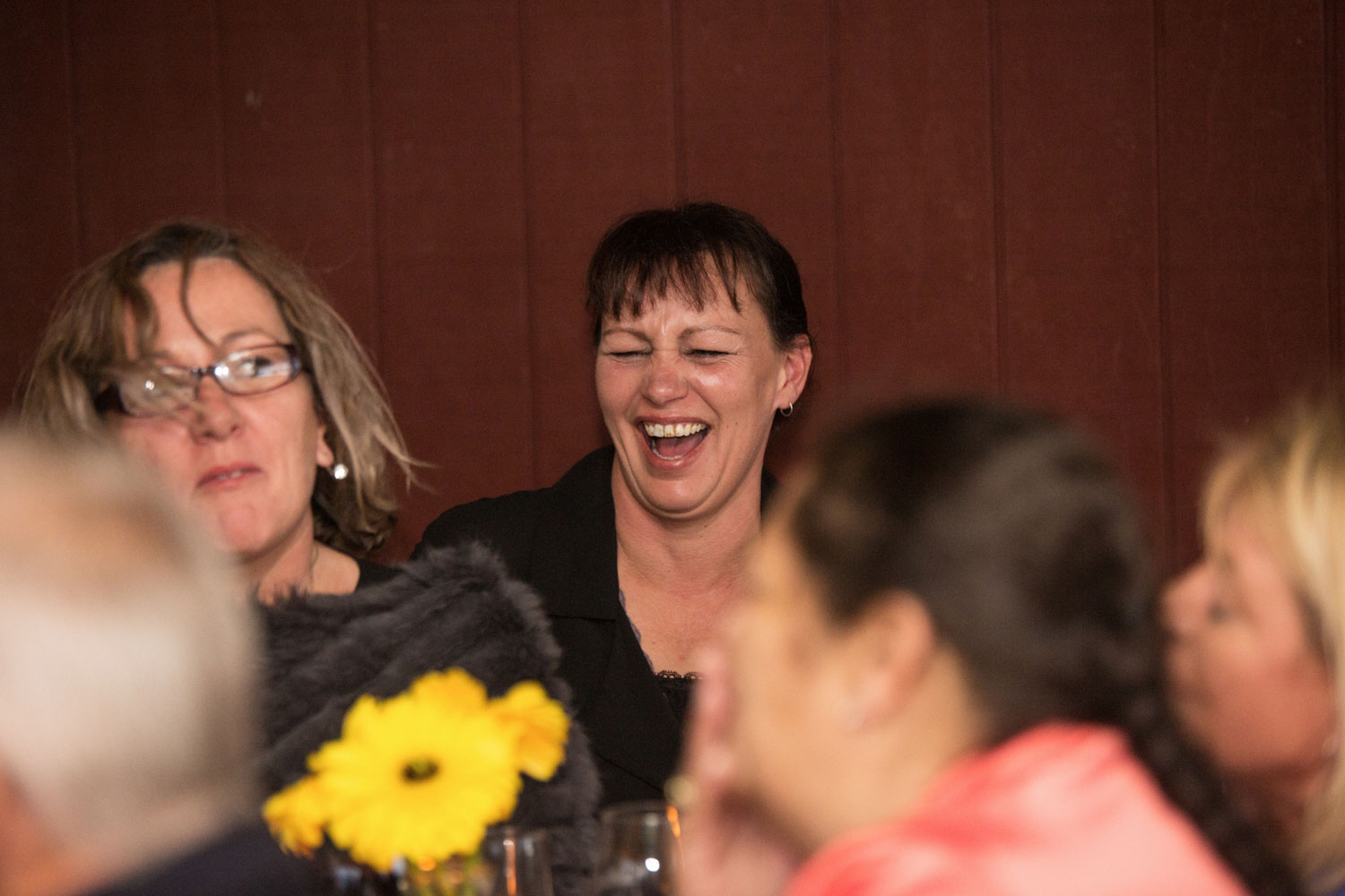 the red barn waikato wedding guest laughing