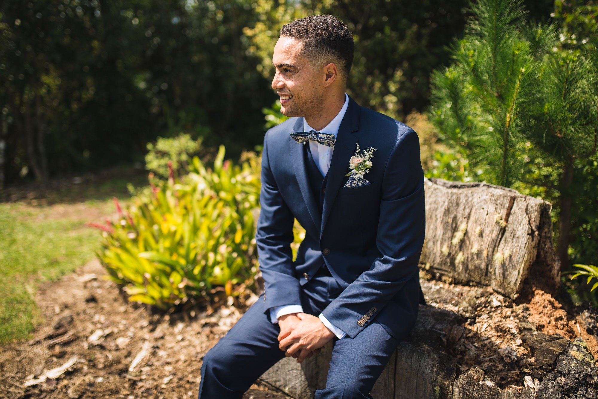 groom sitting on tree