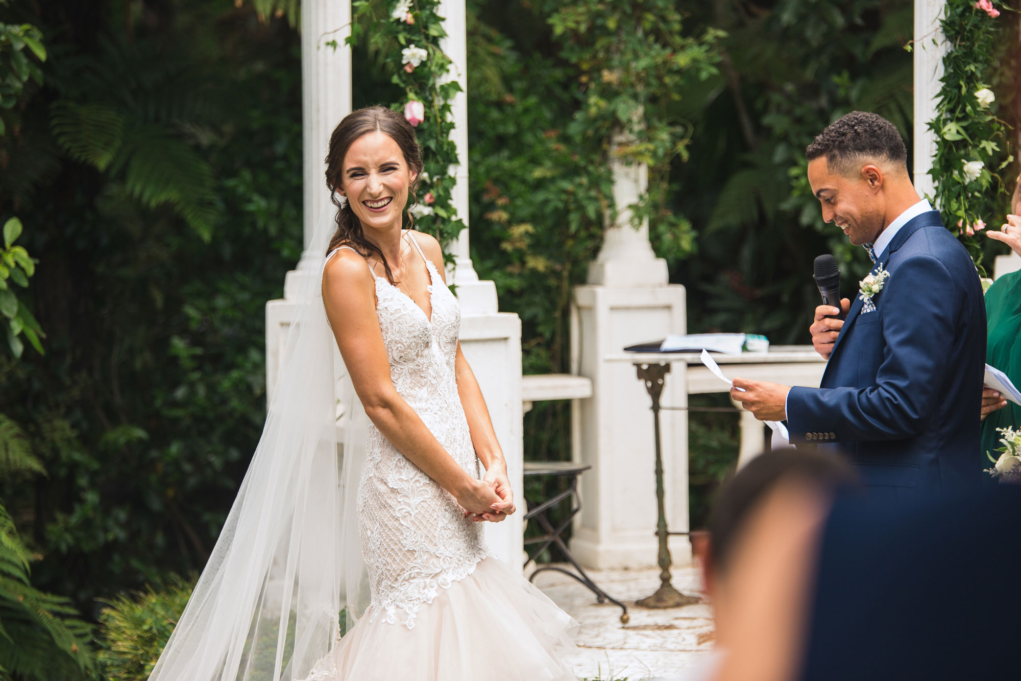 bride looking towards the guests