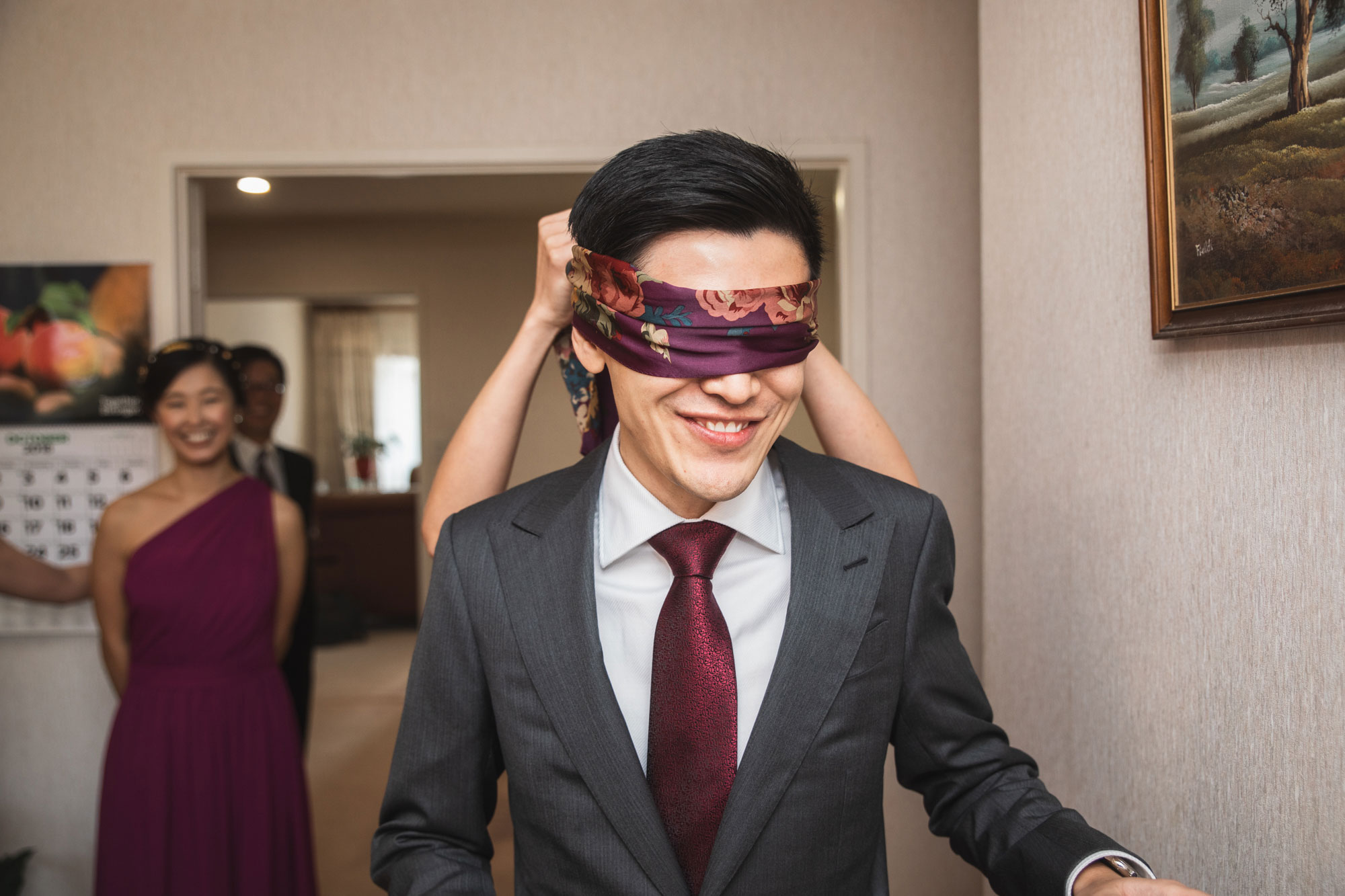 auckland wedding groom blindfolded