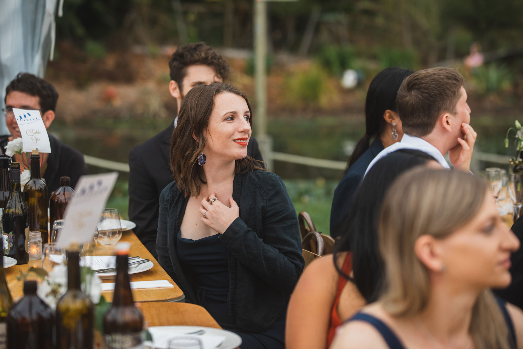 auckland waterfall farm wedding guests listening to speech