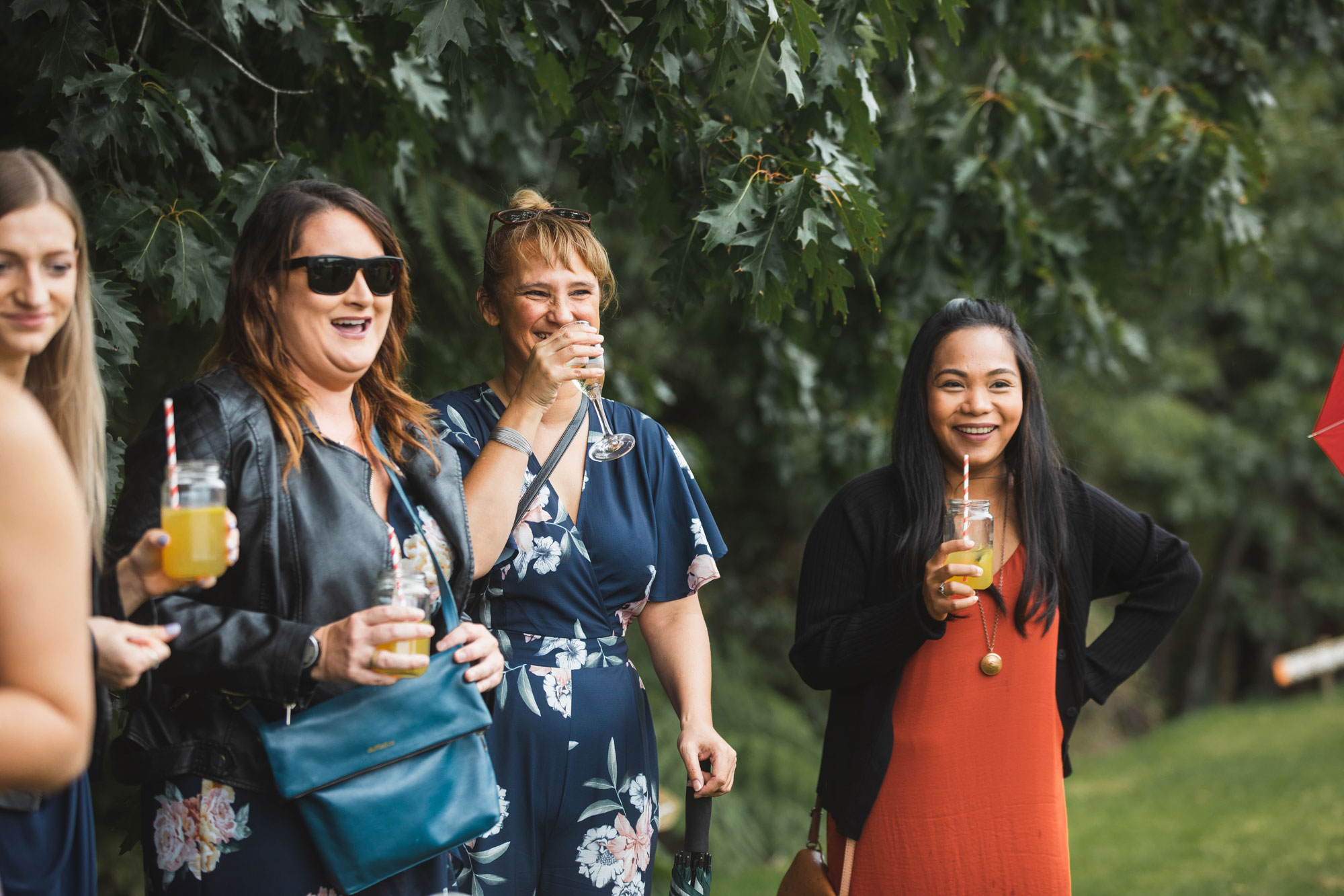 auckland waterfall farm wedding guests laughing