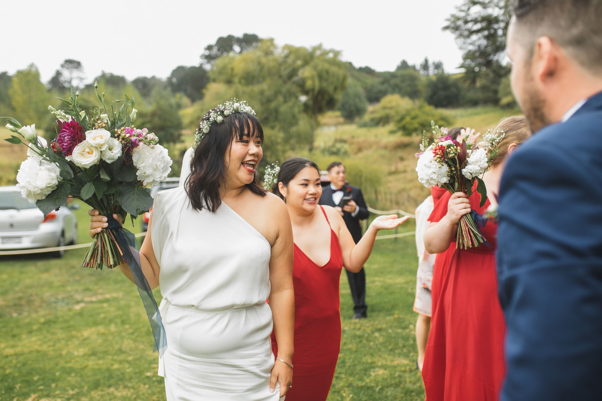 auckland waterfall farm wedding bride smiling