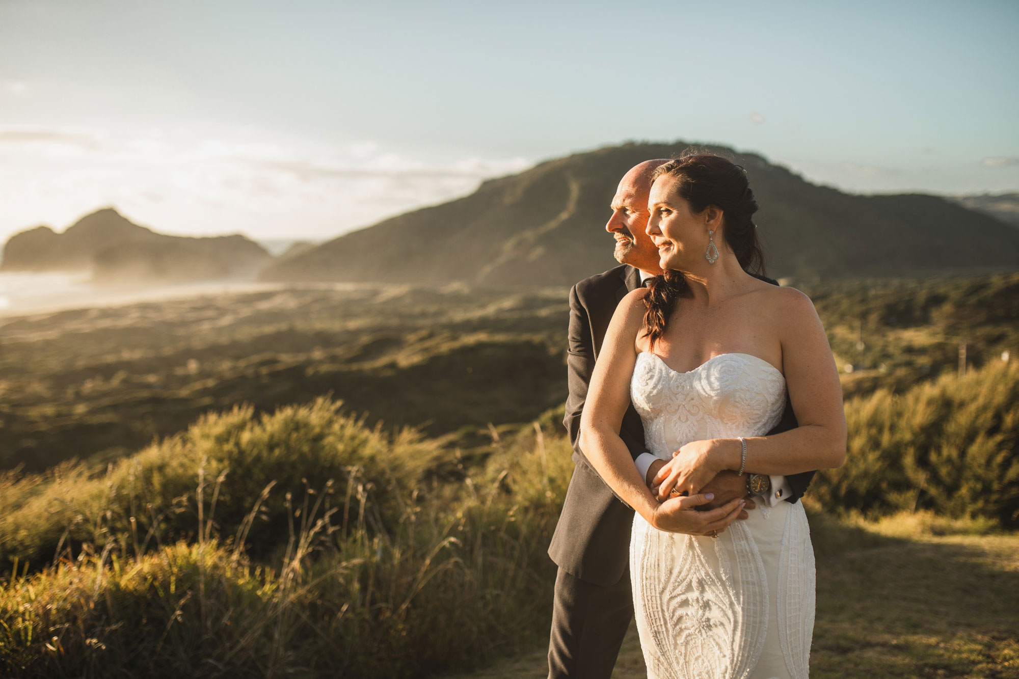 bethells beach sunset wedding photo