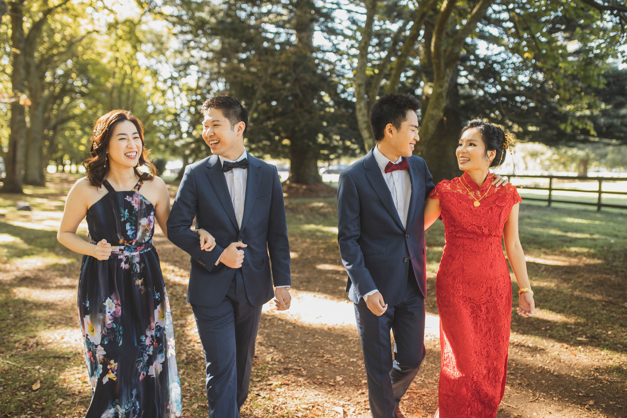 wedding party having fun in cornwall park