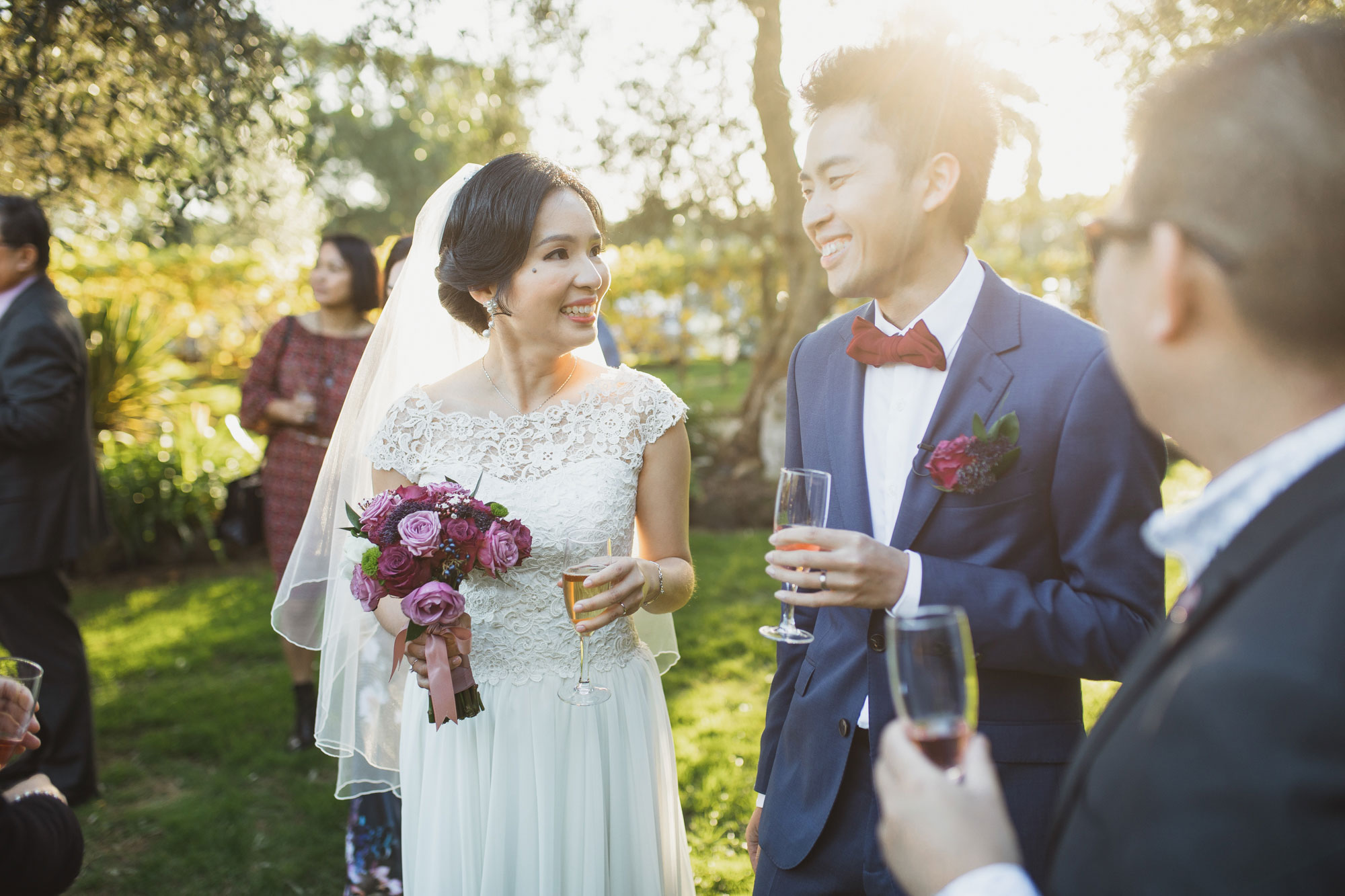 bride and groom mingling with the guests