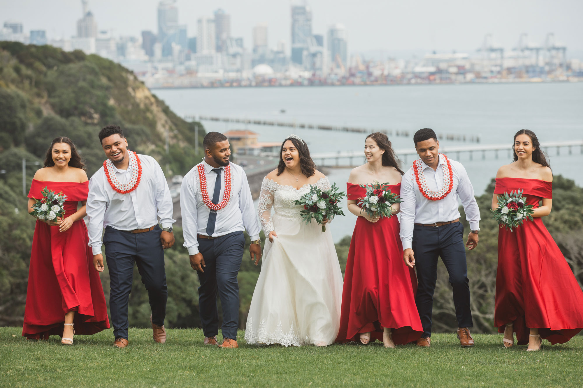 bridal party walking together in auckland bastion point