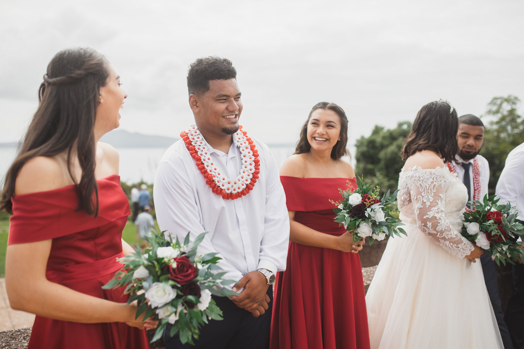 bridal party photo at bastion point in auckland