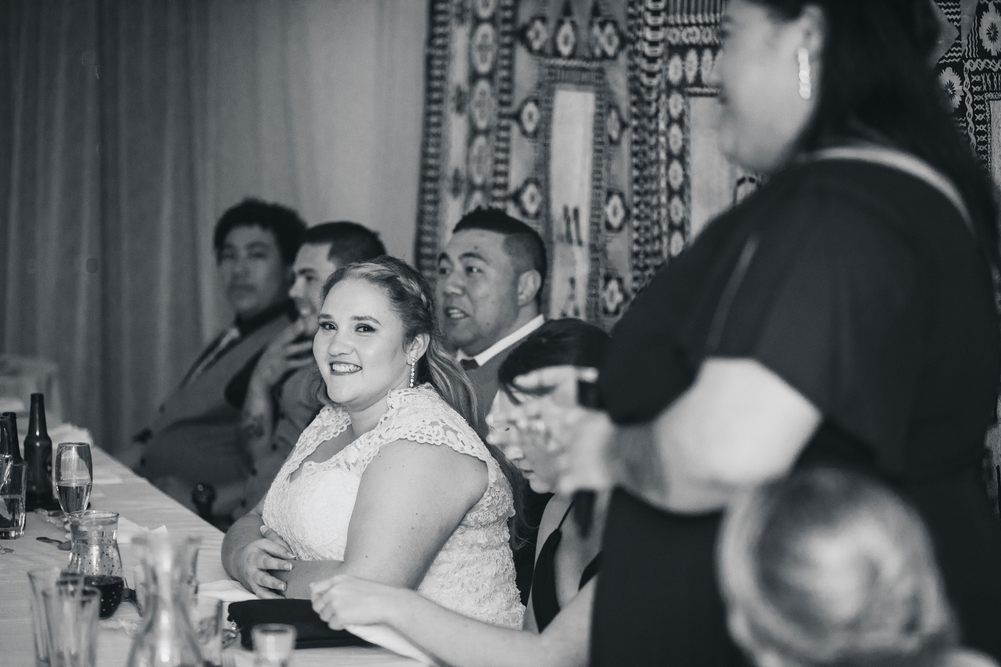 bride reacting to wedding speech