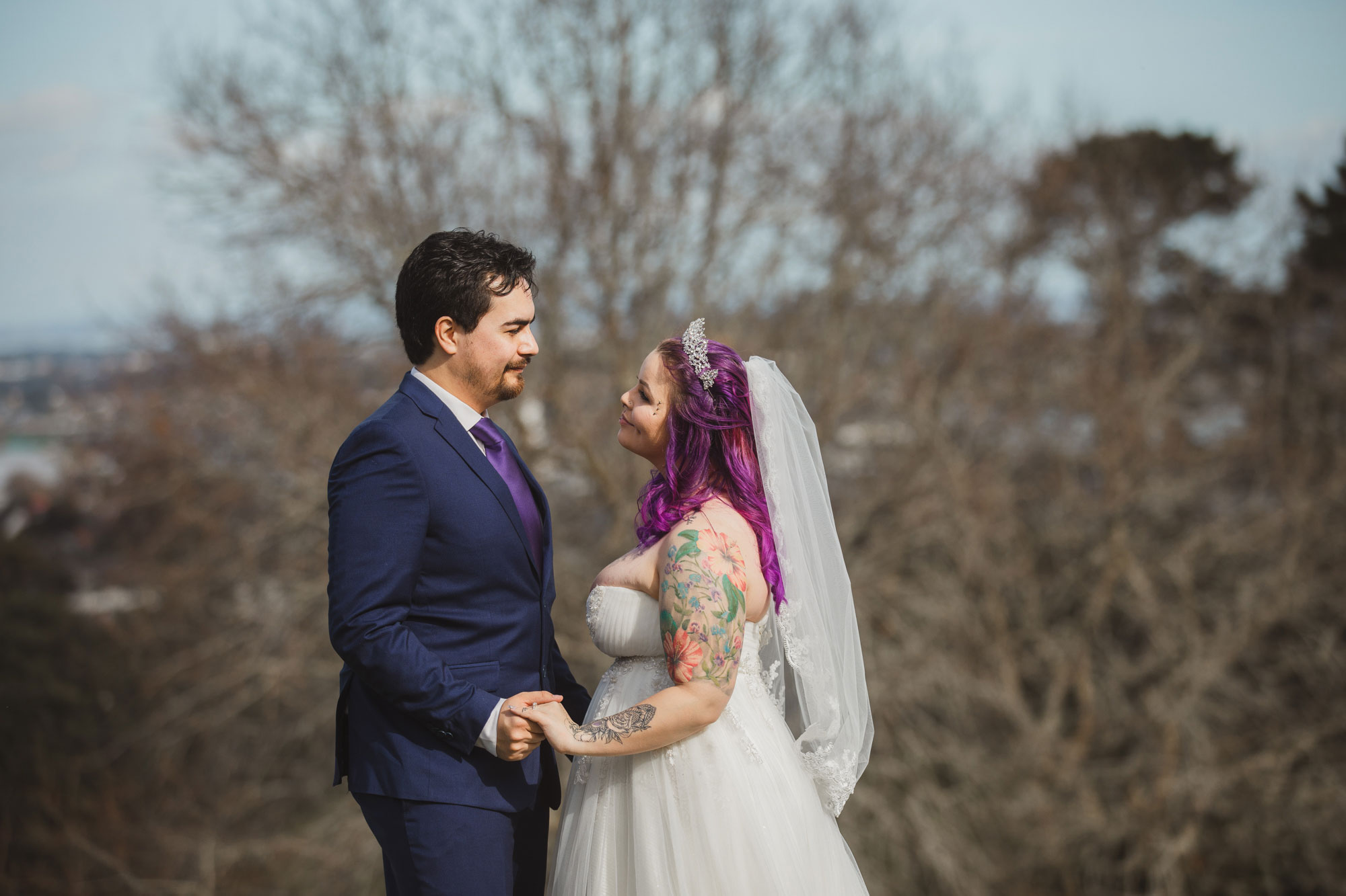 bride and groom looking at each other