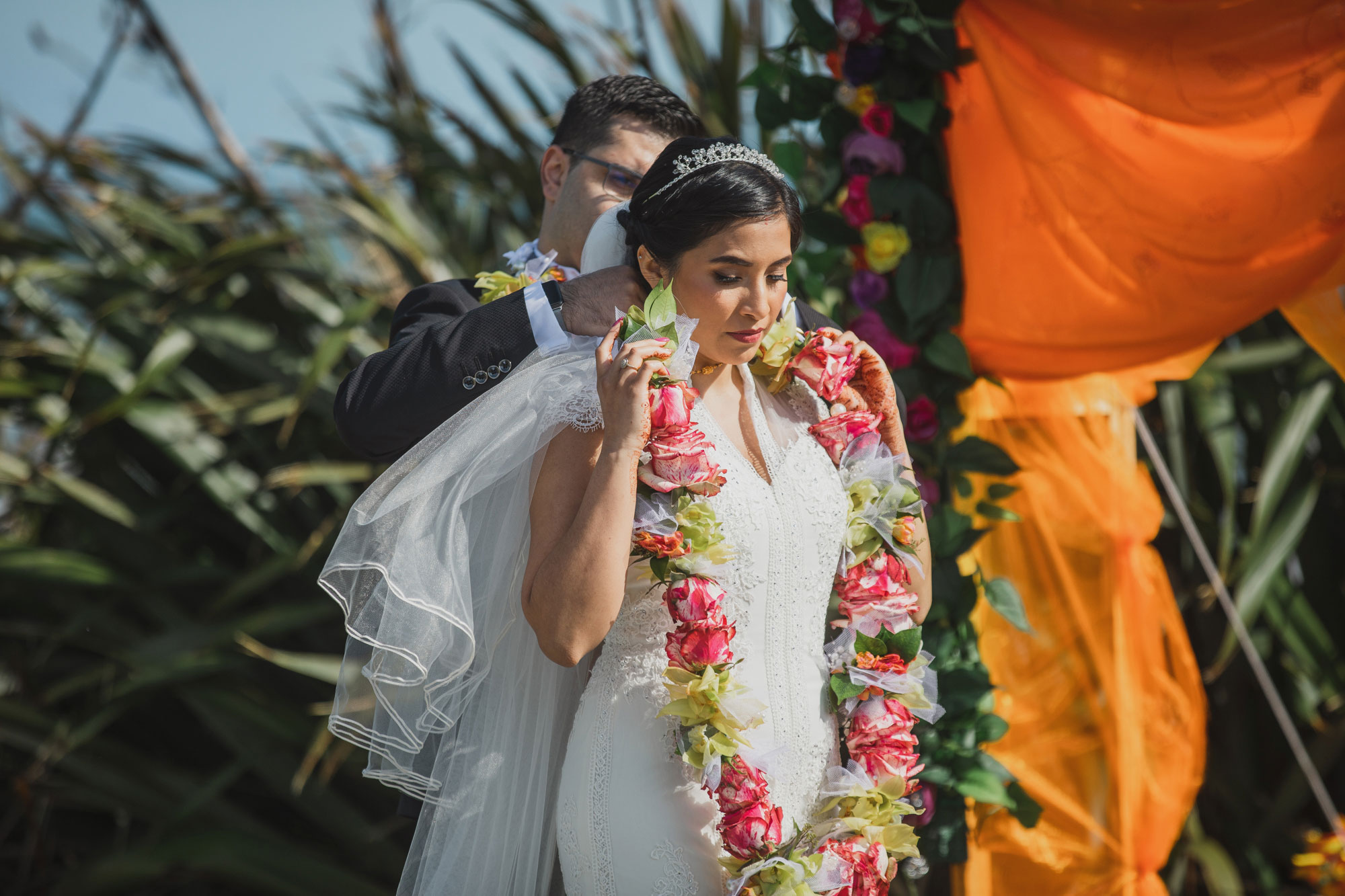 putting on bride flowers