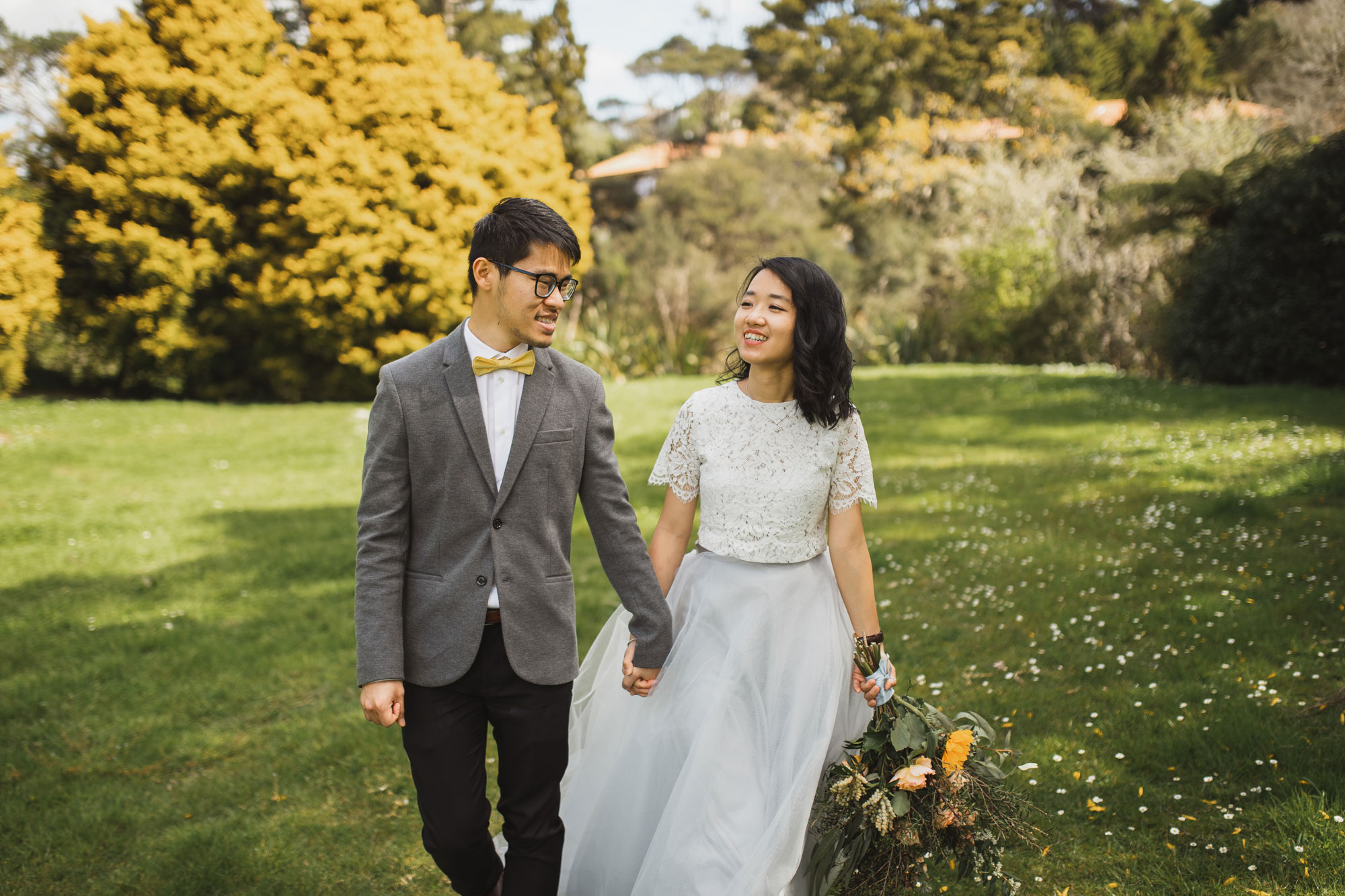 bride and groom taking a stroll