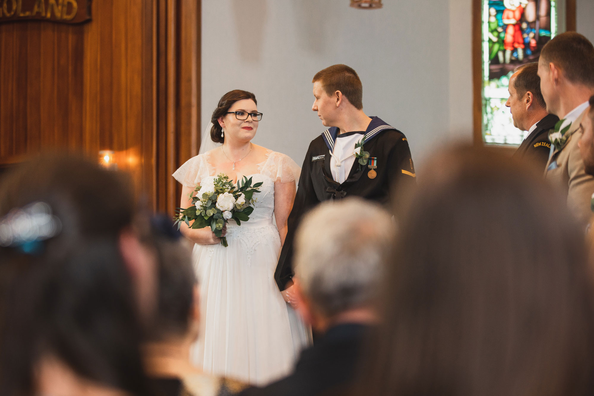 bride and groom looking at each other