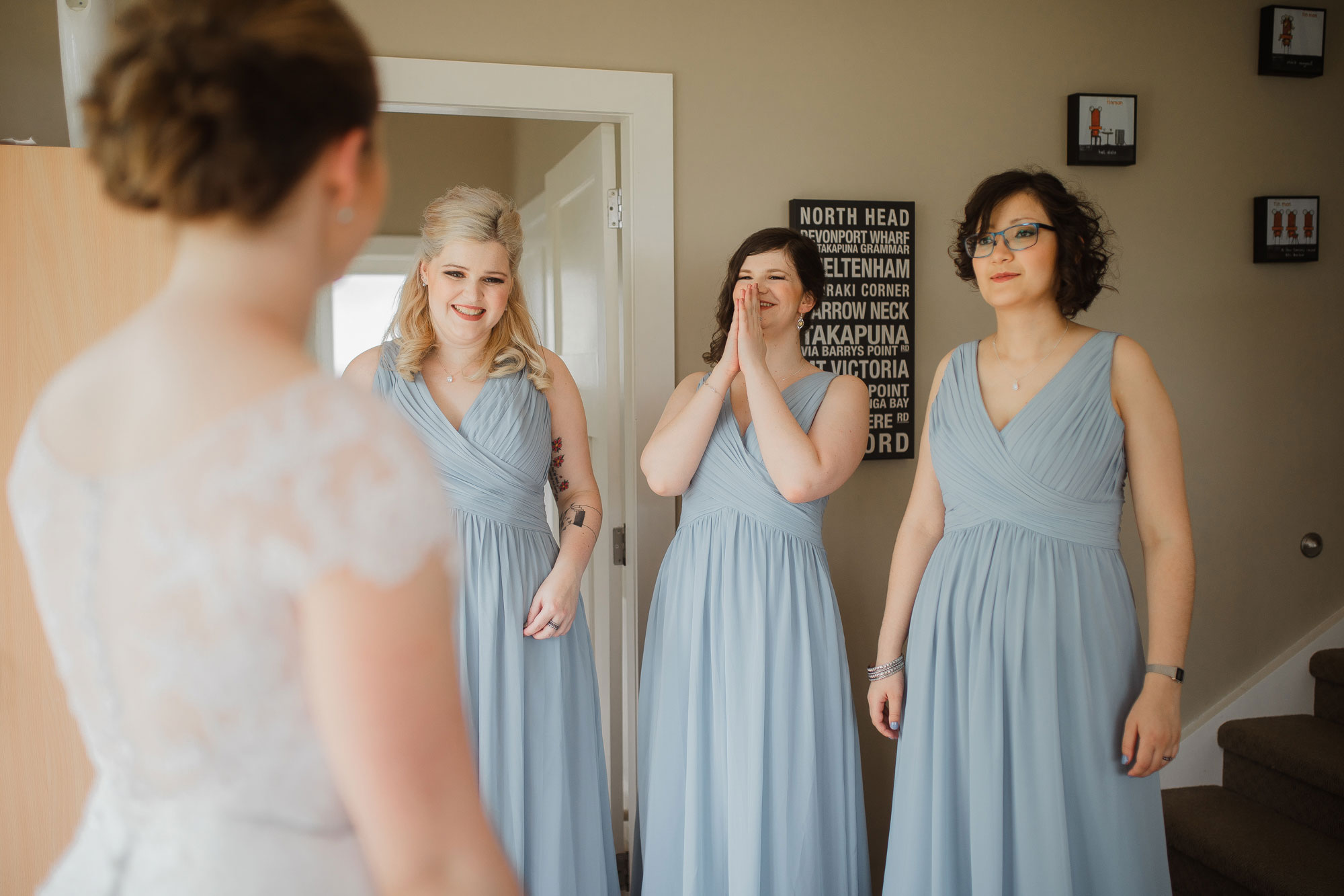 bridesmaids reacting to brides dress