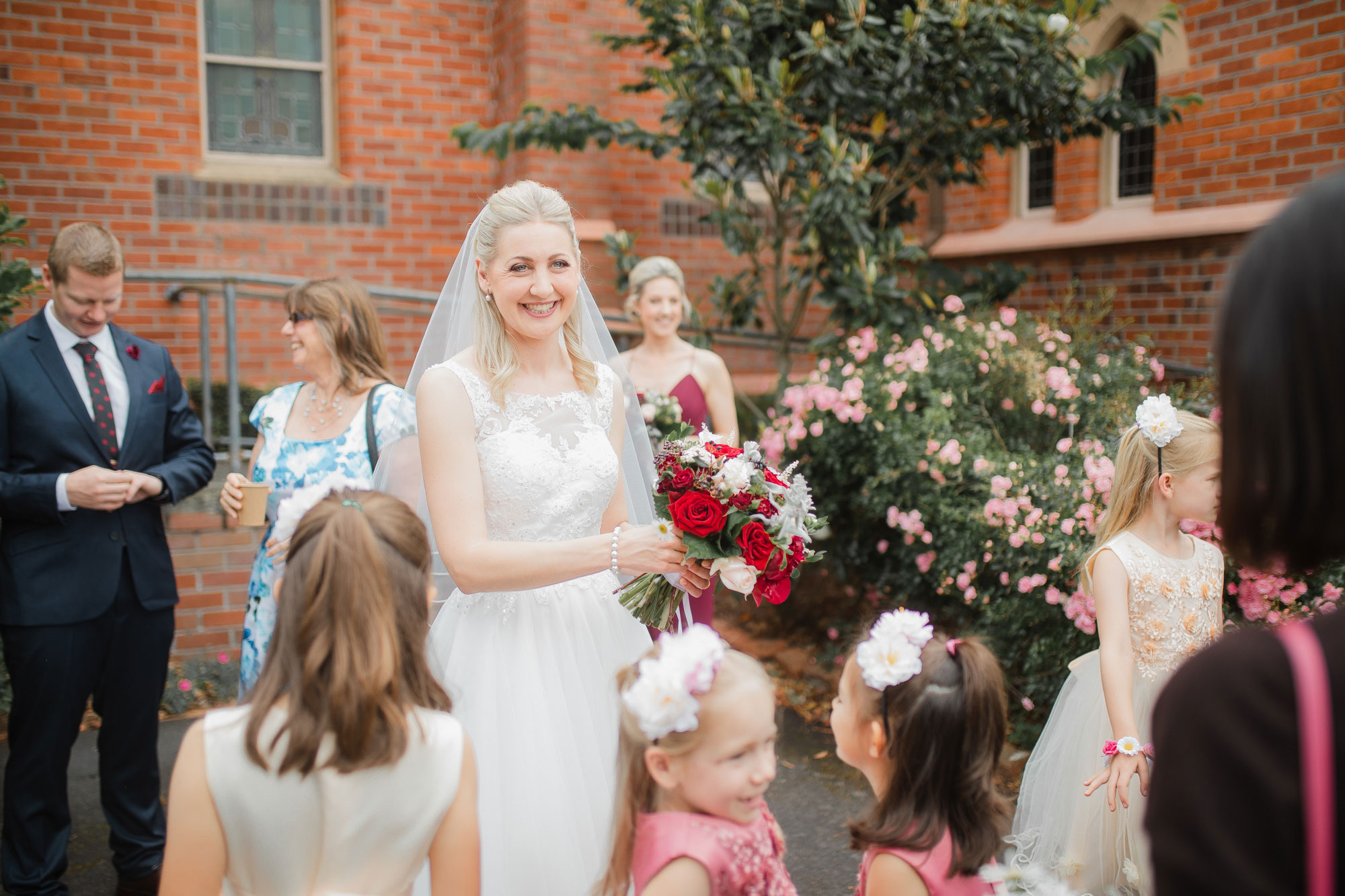 bride and guests talking