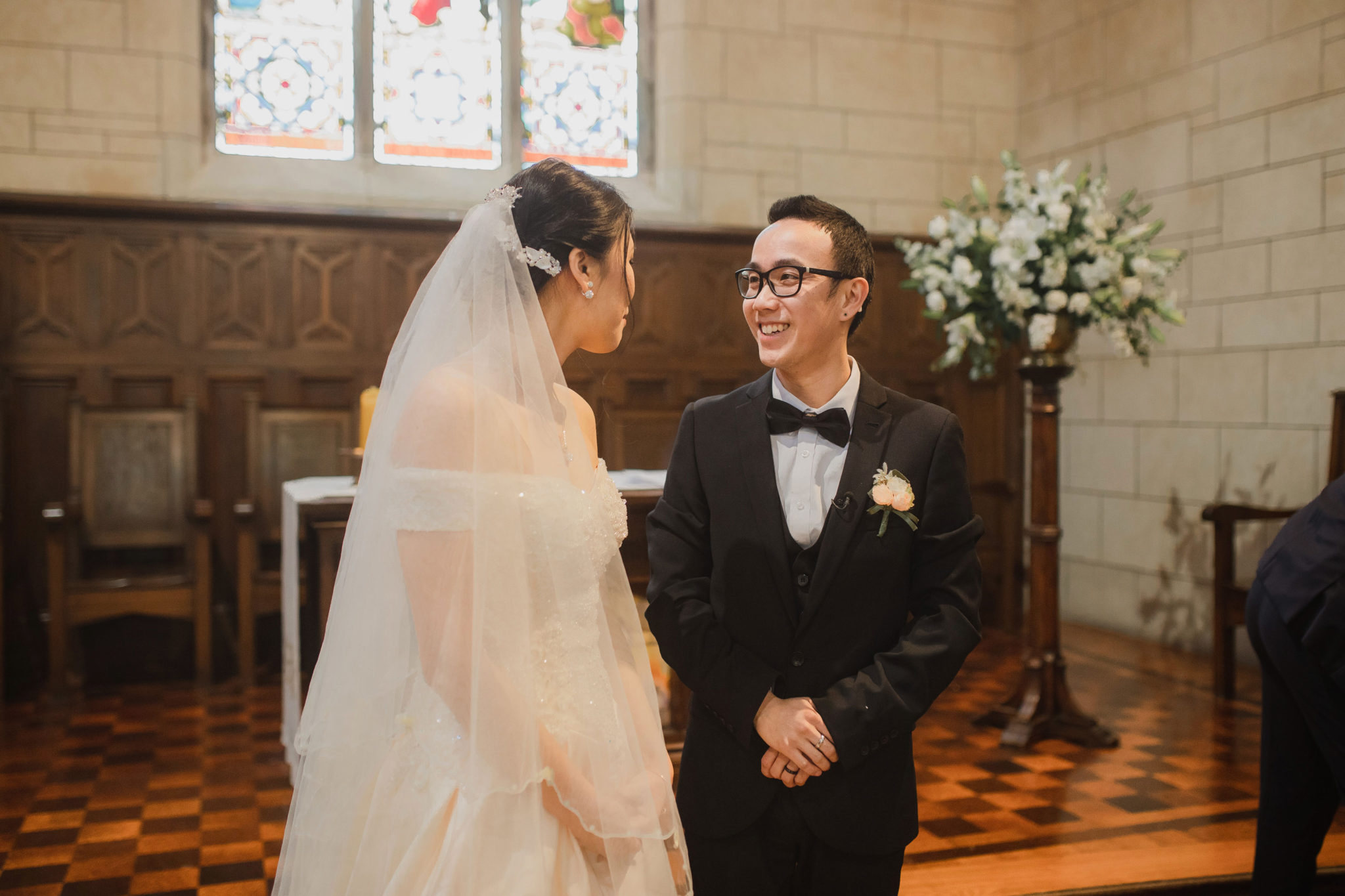 bride and groom having a laugh