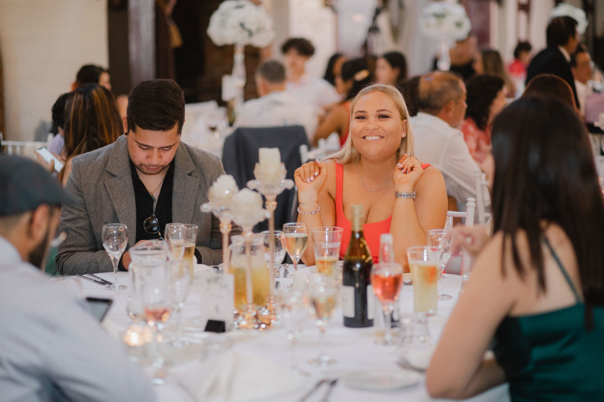 wedding guests laughing