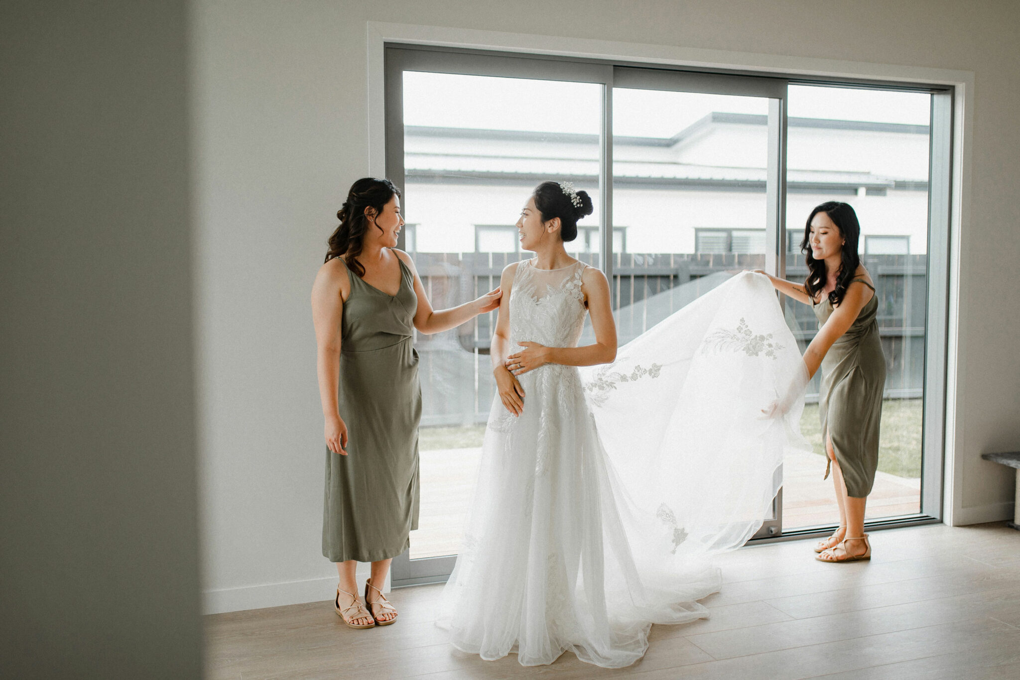 bride and bridal party having a chat